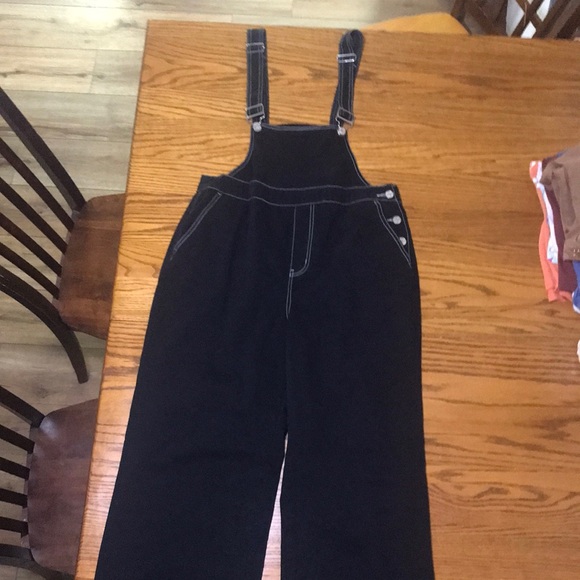 Wide Legged Black Overalls with Button Detail and White‎ Stitching - Picture 14 of 14